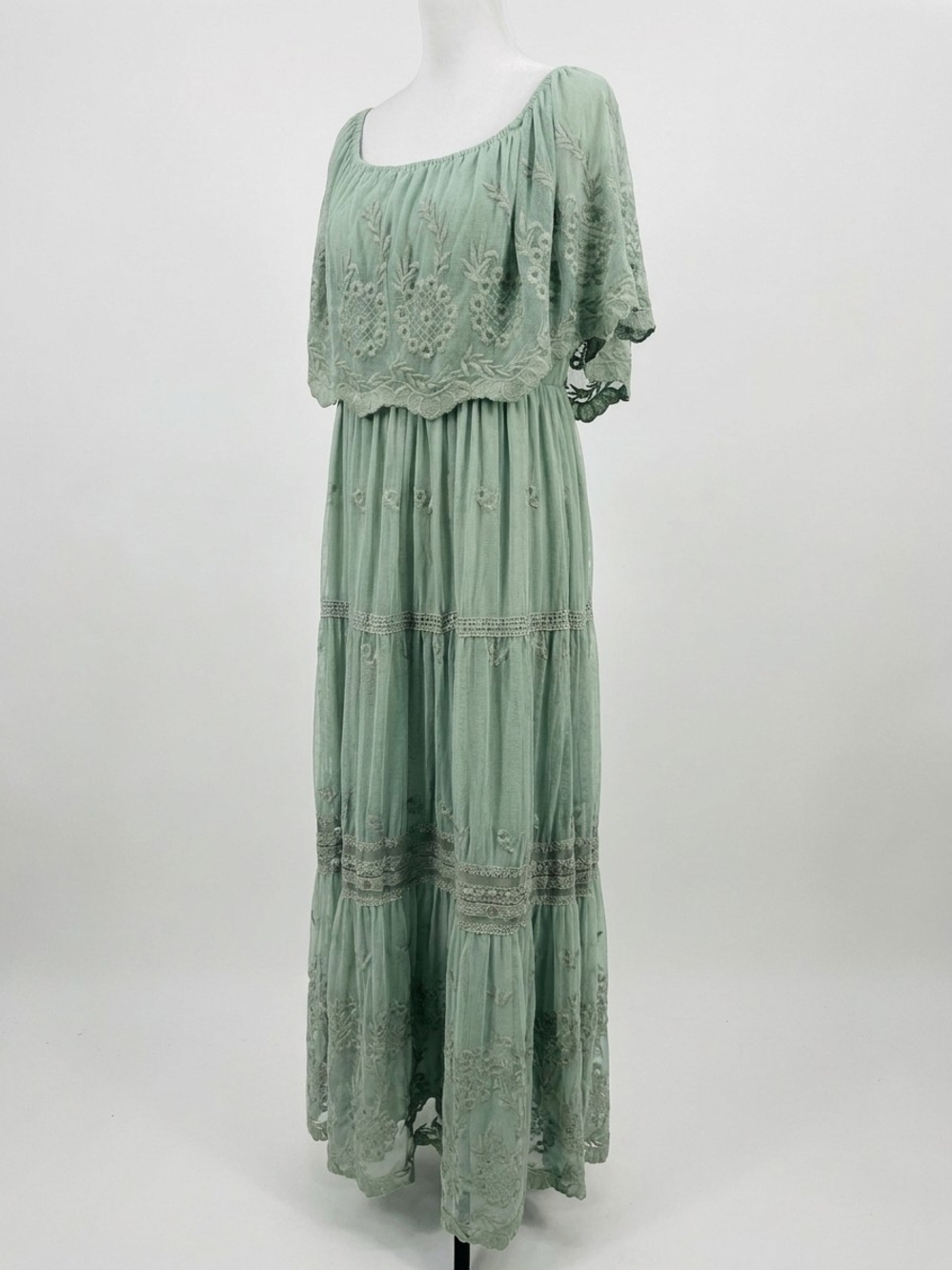 Embroidered Sage Green Maxi Dress with Romantic Lace Trim